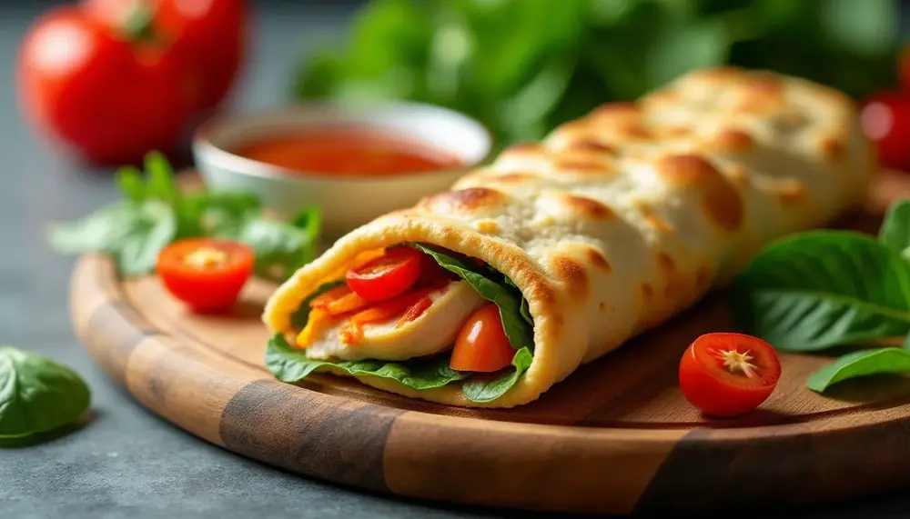 Leckere Low Carb Pizzarolle mit Gemüse und Hähnchenbrust